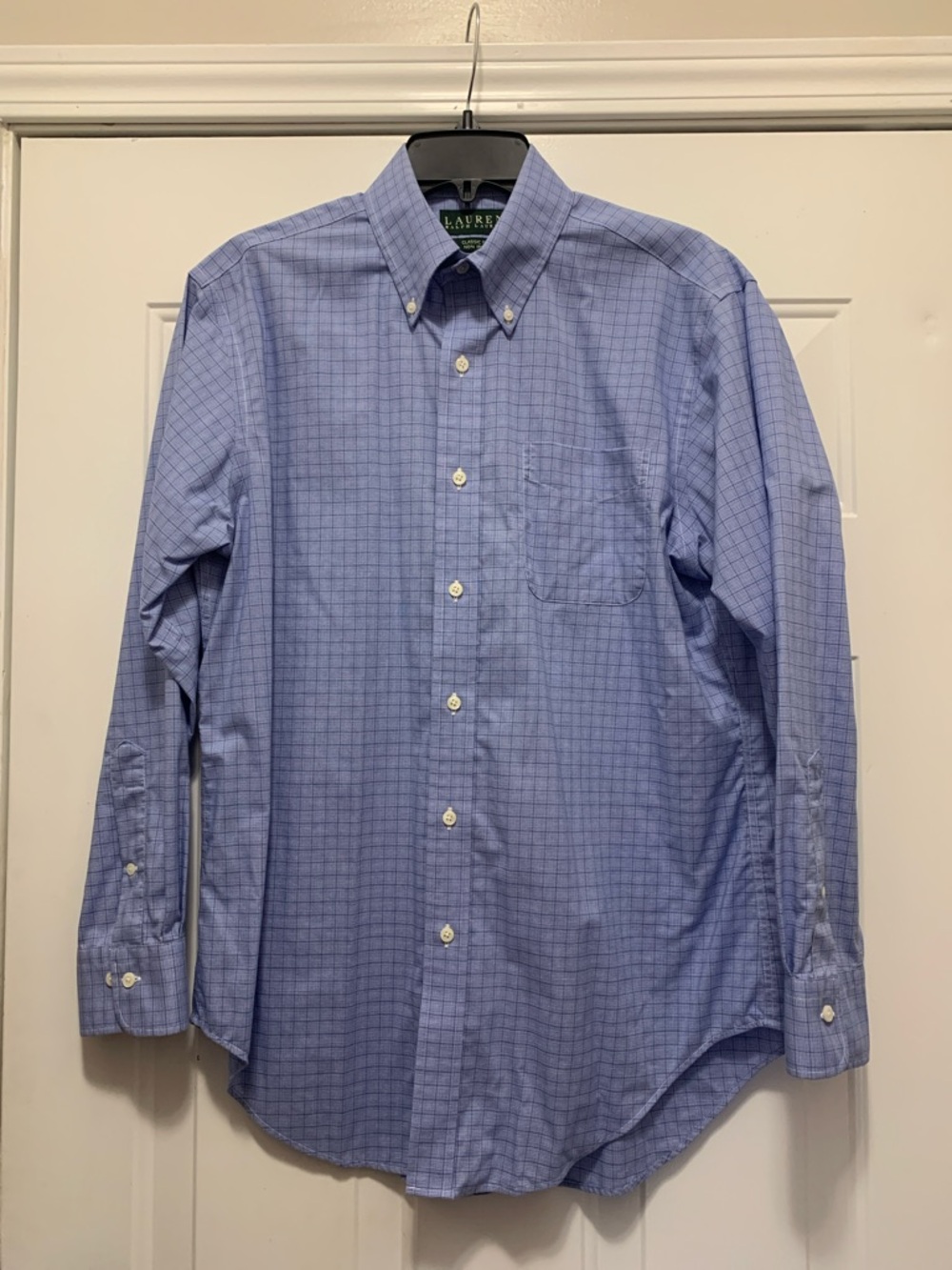 Ralph Lauren 100% Cotton Blue Checked Button-Down Dress Shirt Size 15 1/2, 32/33